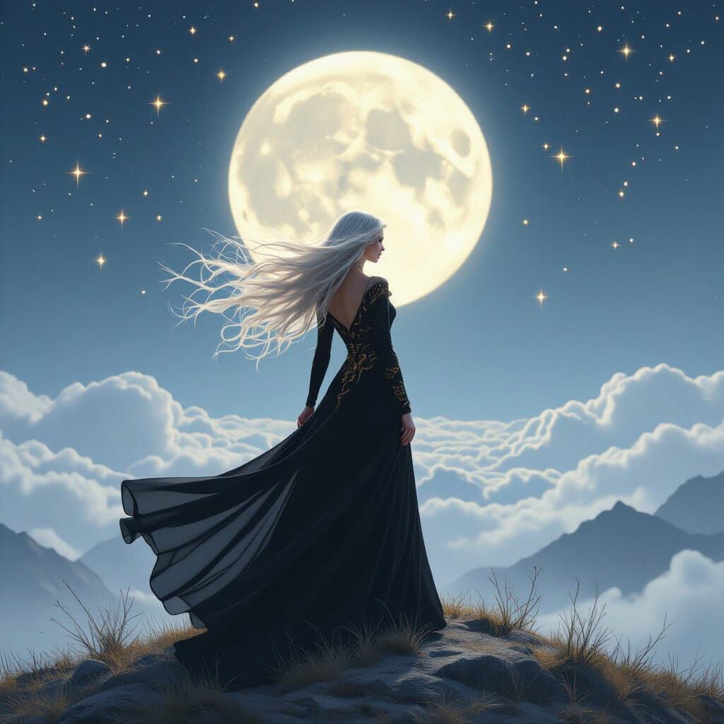 Woman Under Moonlight in Dreamlike Style