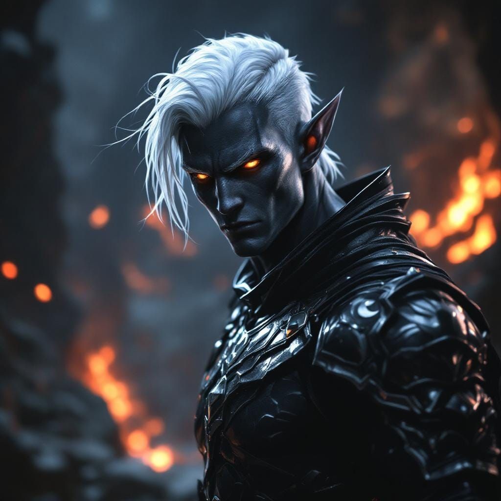 Drow Elf Fighter in Underdark Caverns