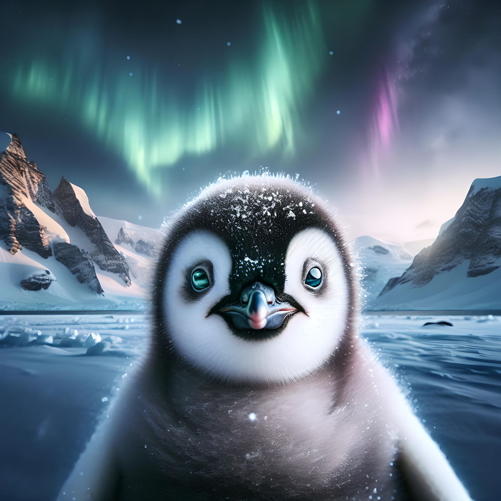 A portrait of a baby penguin in the arctic, watery eyes, snowy mountains, beautiful northern lights, intricate details, ...