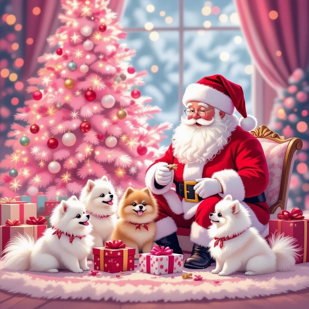 Pink Christmas Tree With Santa And Pomeranians Opening Prese...