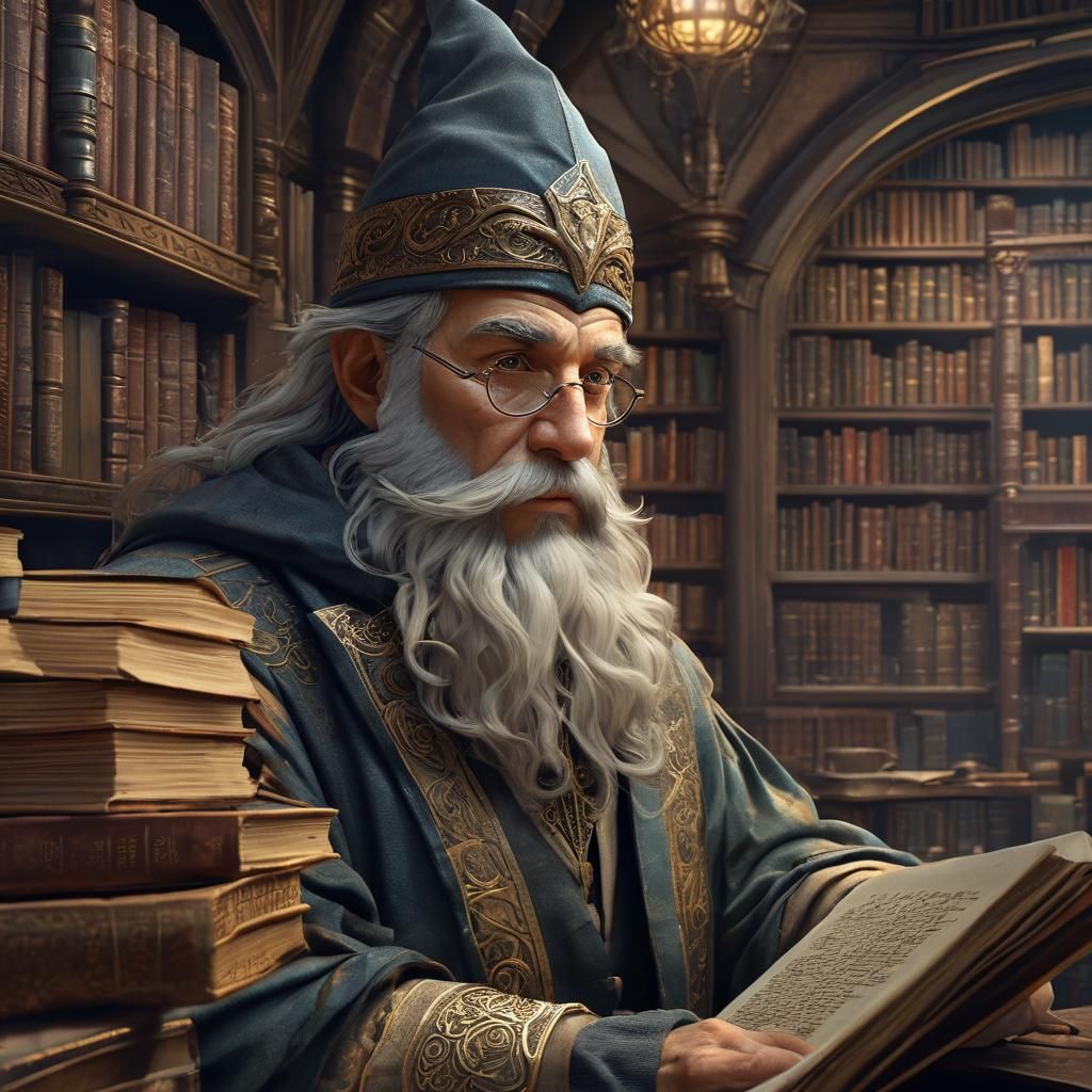 Wizard Studying in Magical Library, Detailed Portrait