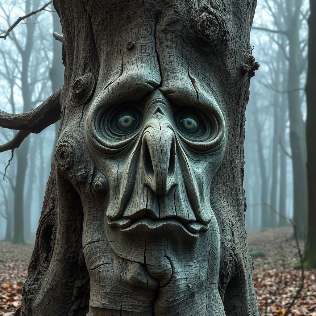 Mystical Ash Tree with Human Face in Moonlit Forest