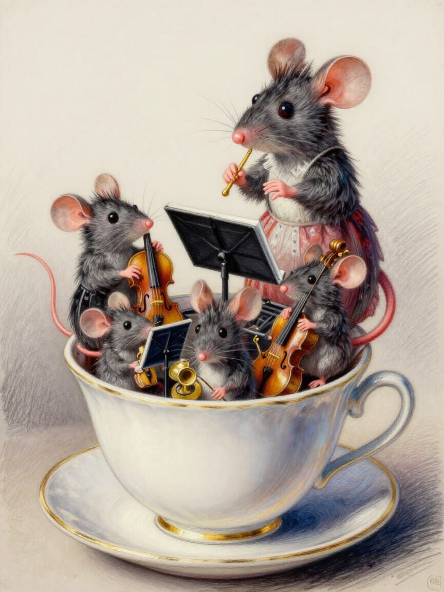 Mouse Orchestra Rehearses in Teacup, Expressionist Style