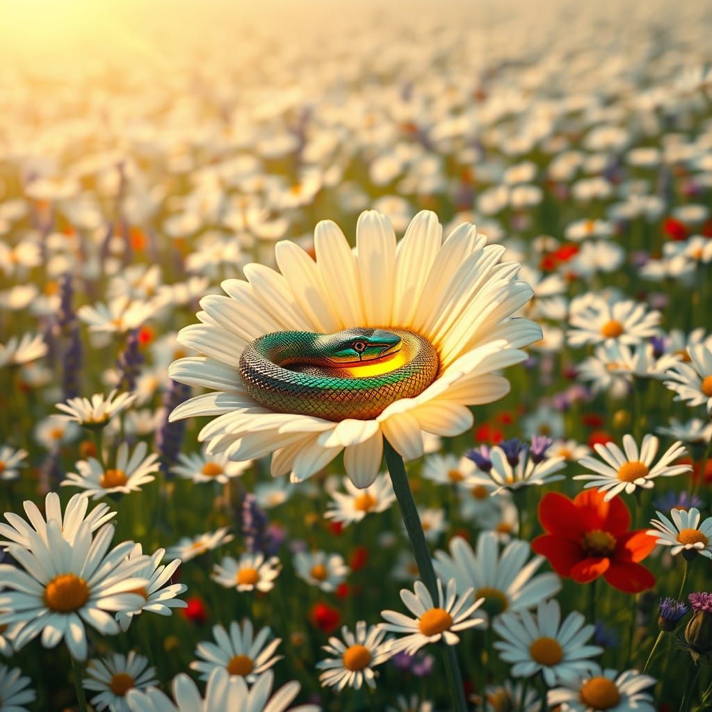 Surreal Daisies Conceal a Hidden Serpent
