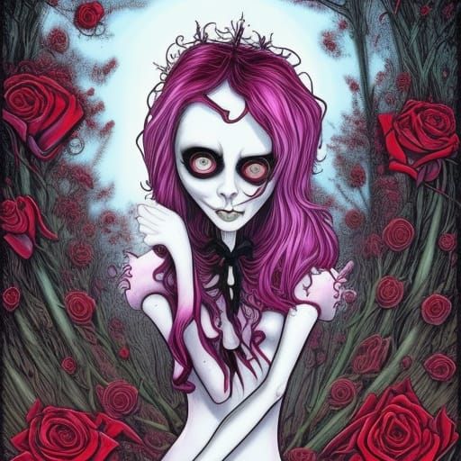 Gothic Cartoon Princess in Crimson Rose Garden