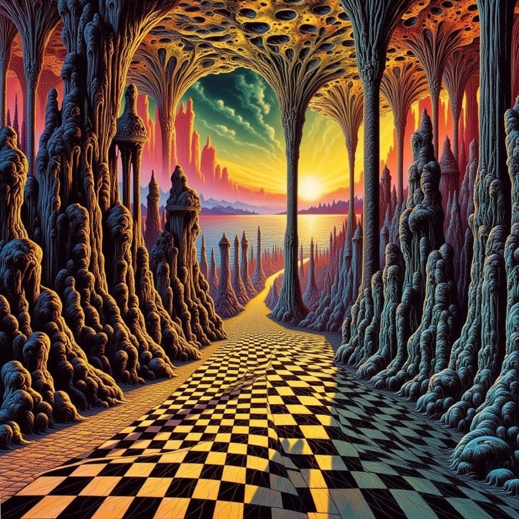 Surreal Cityscape with Tiled Paths and Ancient Ruins