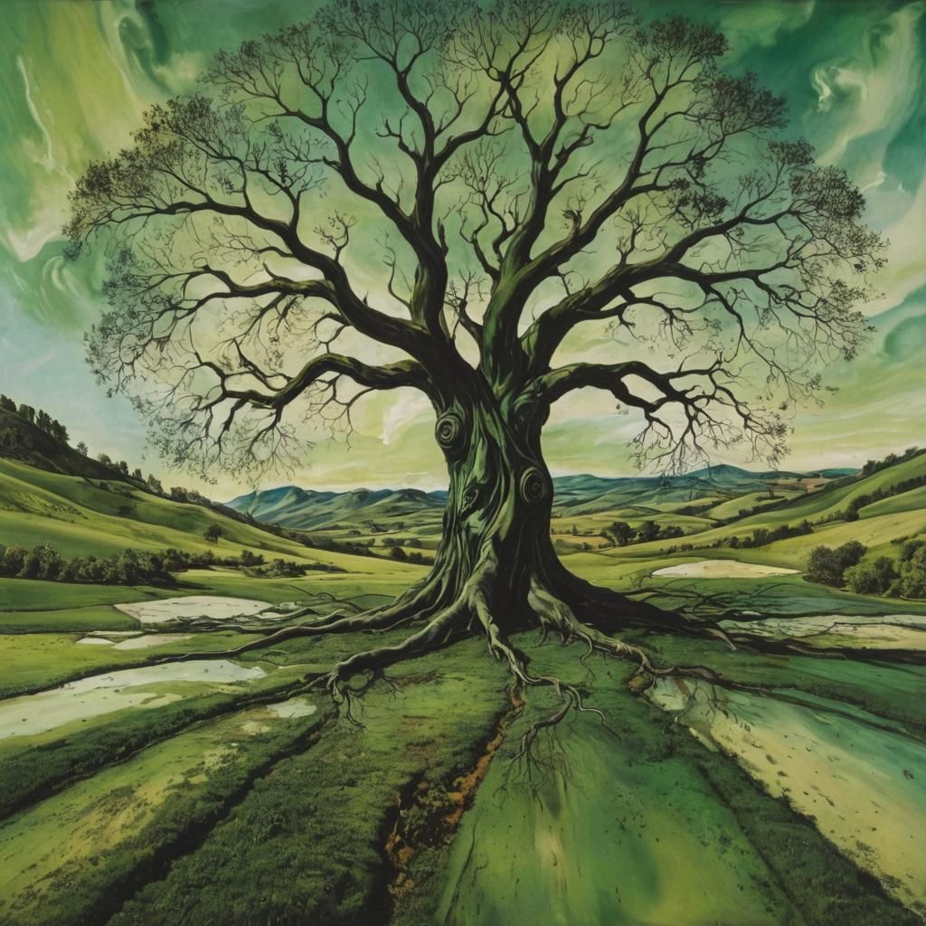 Surreal Distorted Landscape with Floating Tree