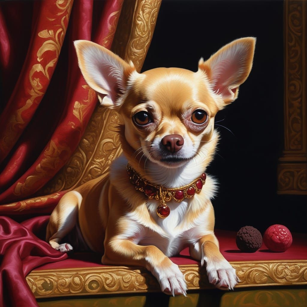 A chihuahua eating ruby chocolate