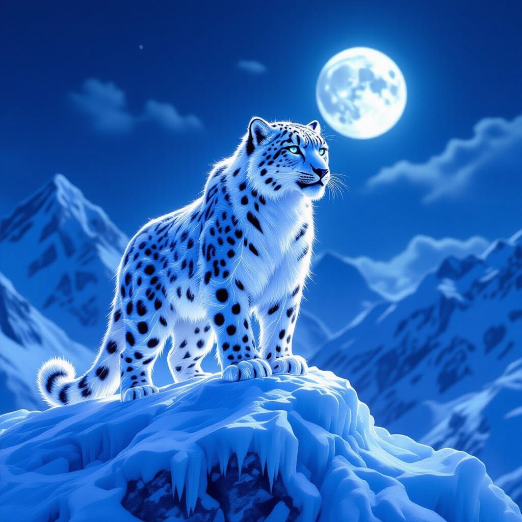 Ice Snow Leopard Shimmers on Frozen Peak