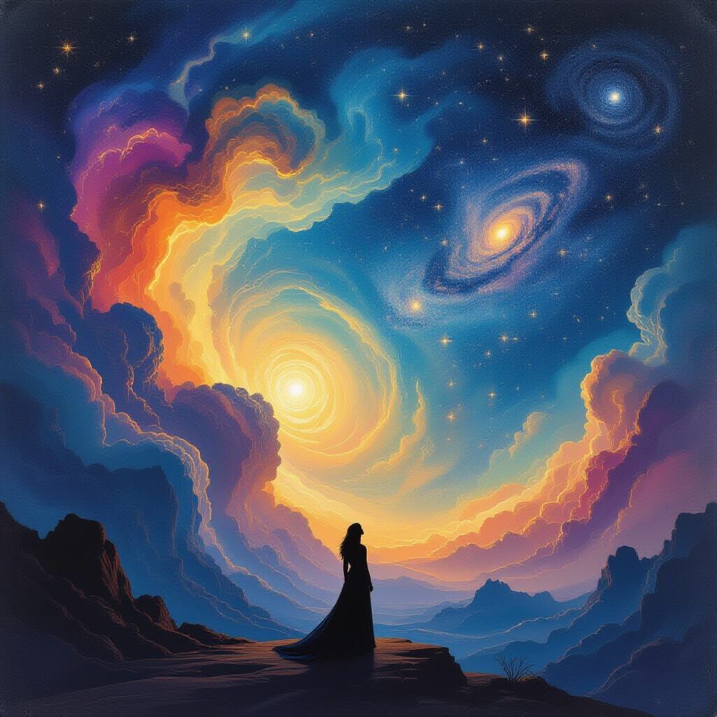 Vintage Celestial Panorama with Contemplative Figure