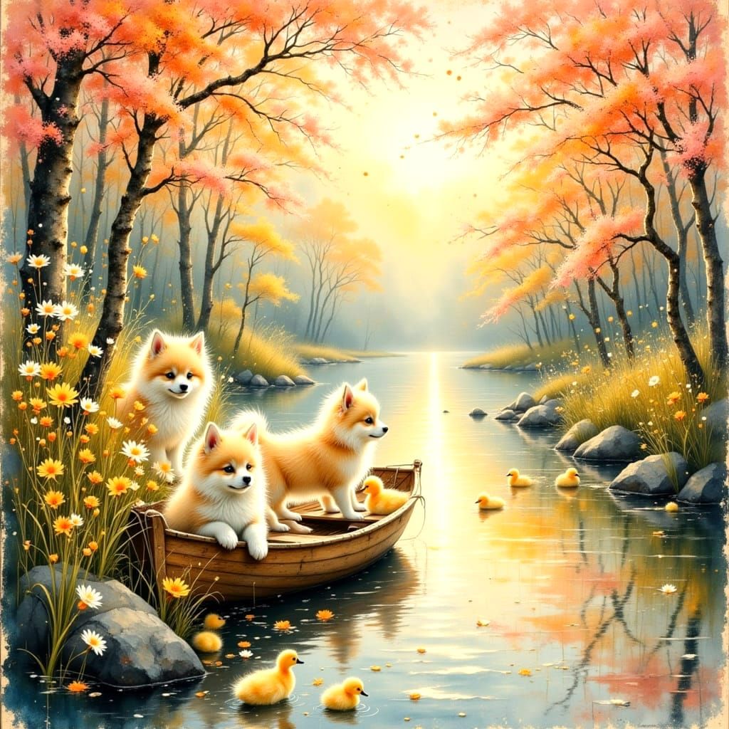 Japanese Spitz Puppies Playing by a Lake