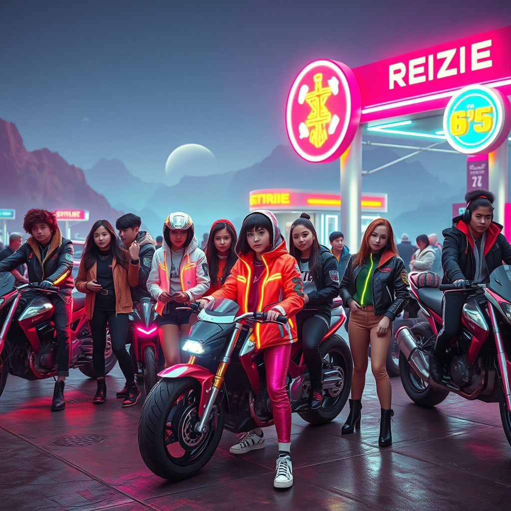 Futuristic Teens at Retro Alien Gas Station