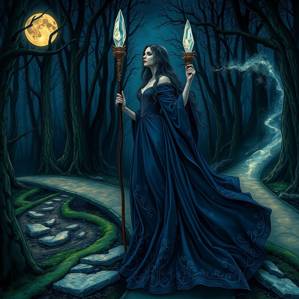 Sorceress at Moonlit Crossroads in Elegant Art Nouveau Style
