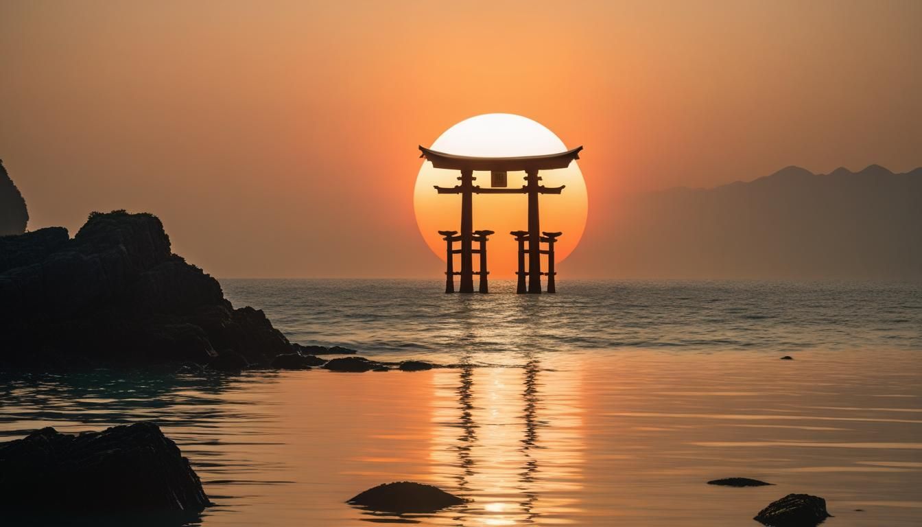 Ocean Sunset at Japanese Torii Gate