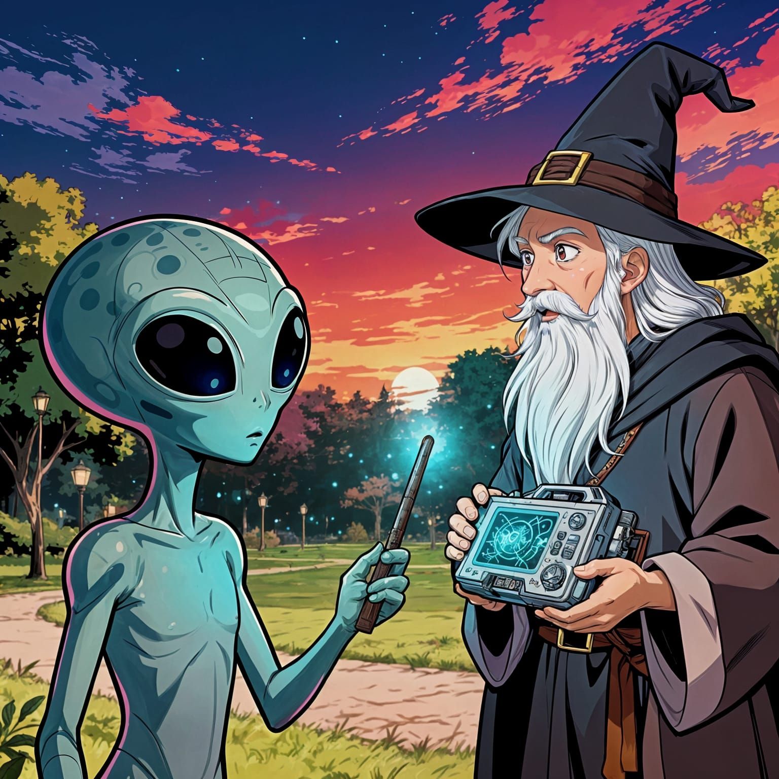 Alien and Wizard Swap Technology in Cartoon Style