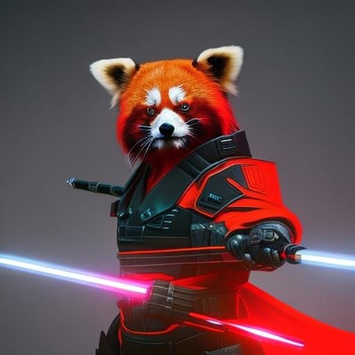 Red Panda Cyberpunk Warrior in Neon City