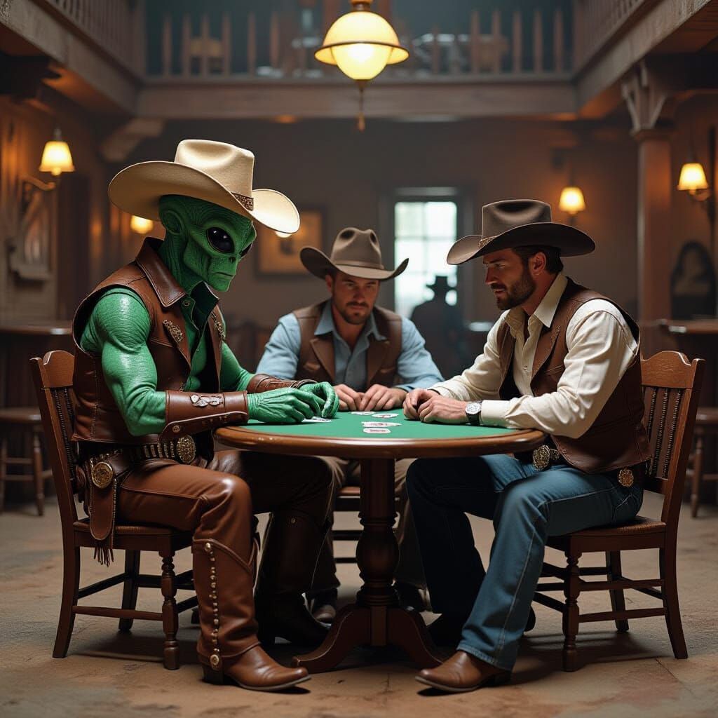 Alien Cowboy Plays Poker with Eastwood in Old West Saloon