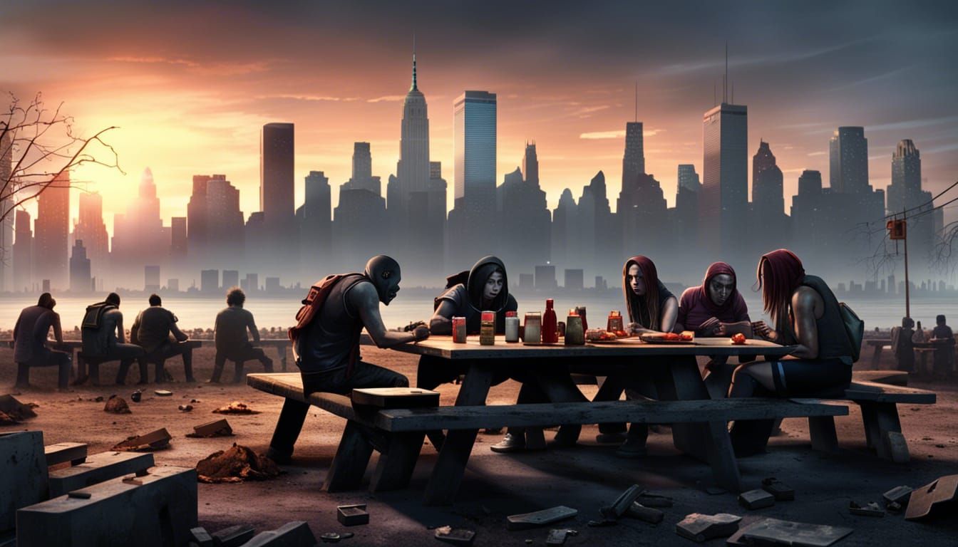 Post-Apocalyptic Picnic at Twilight in Ruined New York