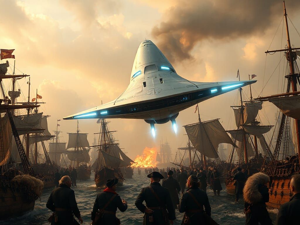 Futuristic Spacecraft Disrupts 1700s Naval Battle