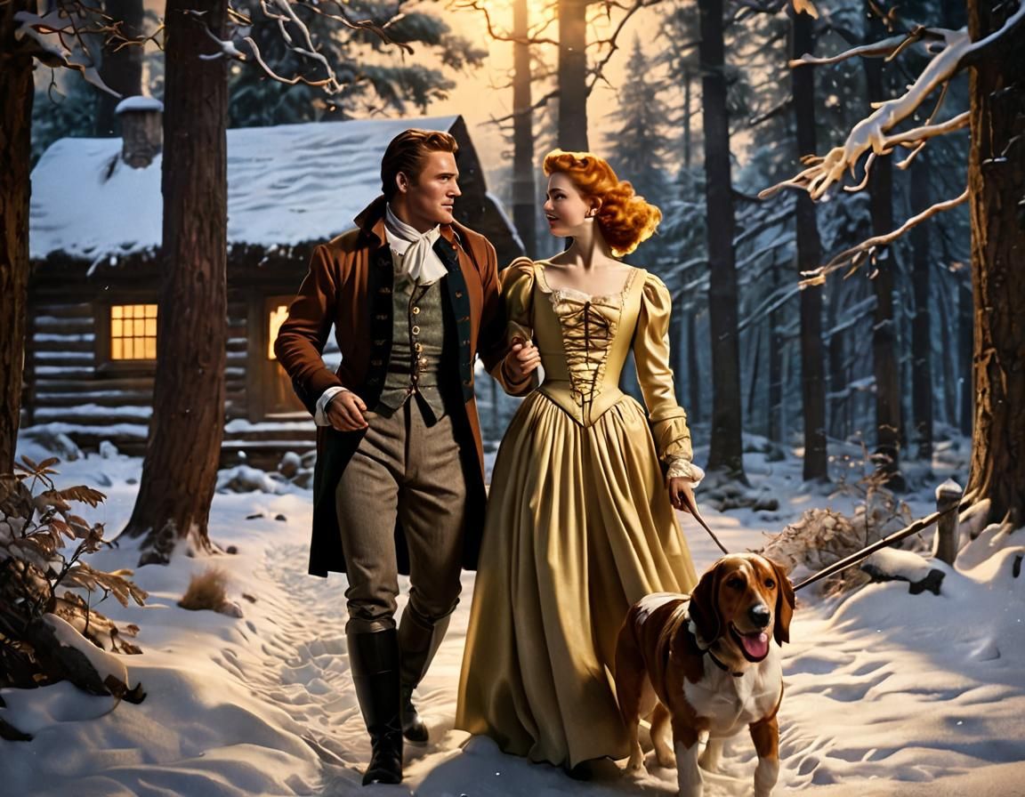 Romantic Rescue in Snowy Forest, Oil Painting