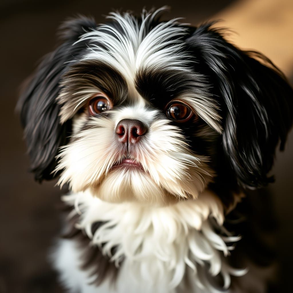 Portrait of a Fluffy Shih Tzu in Close-Up
