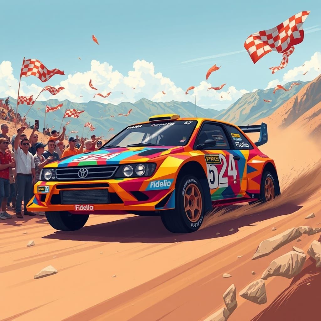 Rally car wrapped in "524 fidelio" artwork