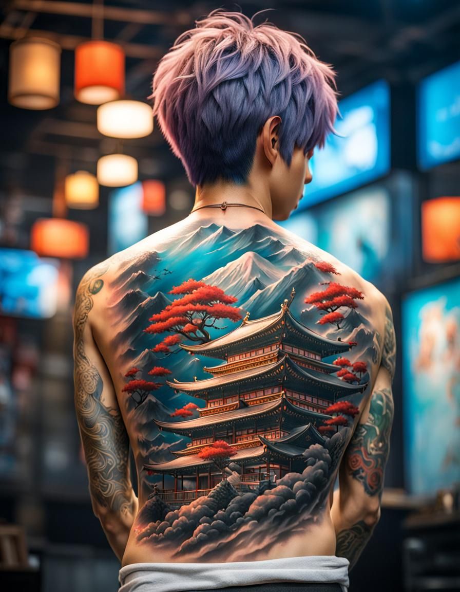 Japanese tattoo on the entire back Hyperrealistic, splash art, concept art, mid shot, intricately detailed, color depth,...