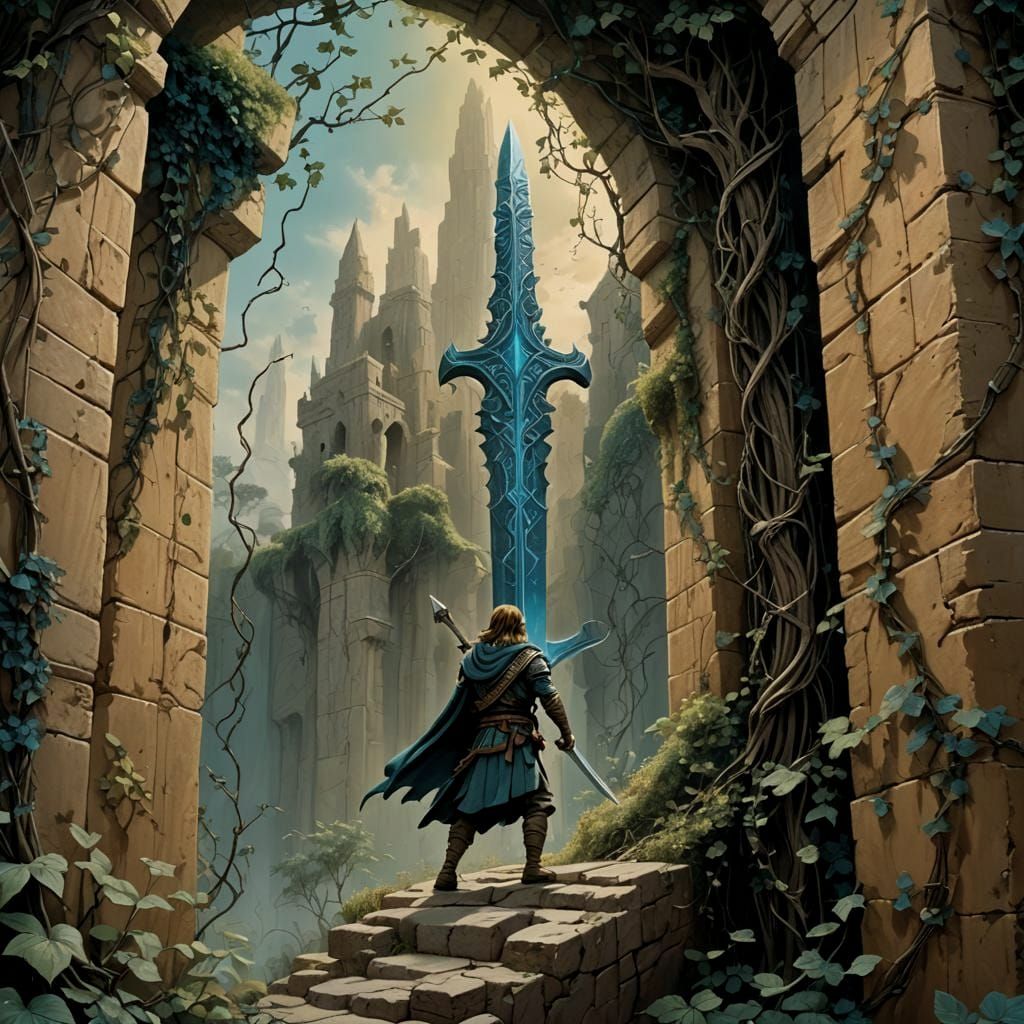 Hero Finds Aspid's Sword: Fantasy Oil Painting