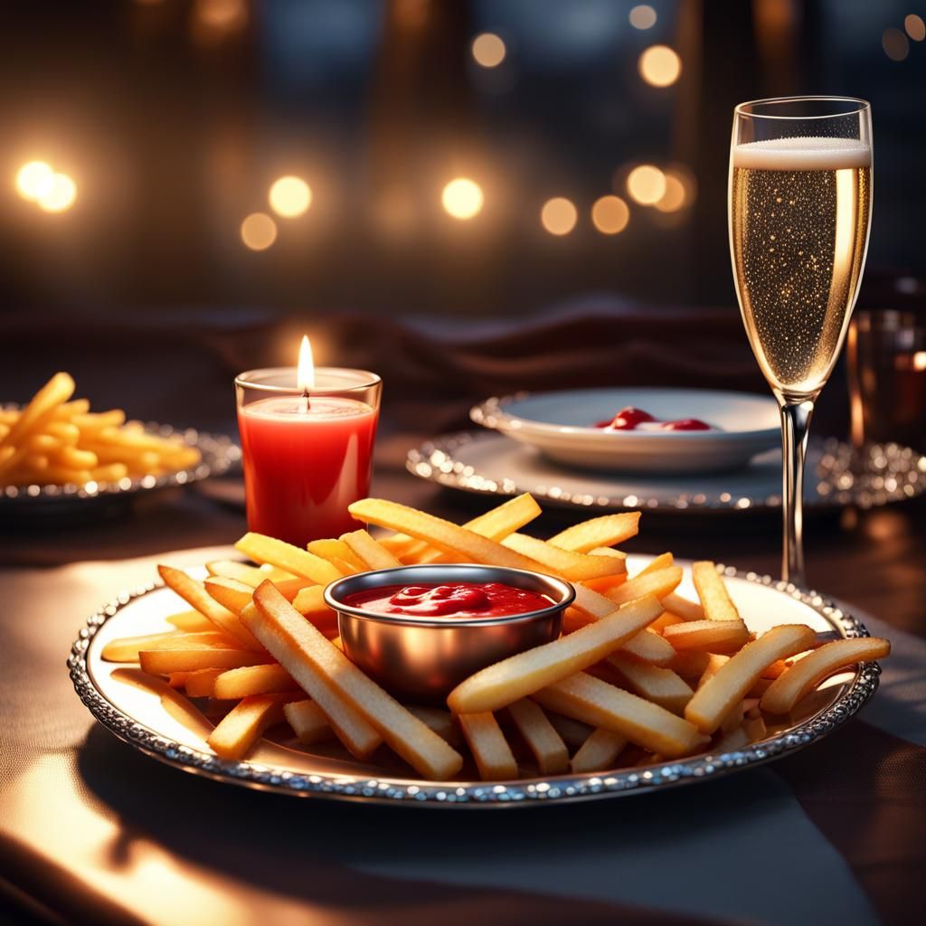 Crispy Fries and Champagne: Hyperrealistic Splash Art