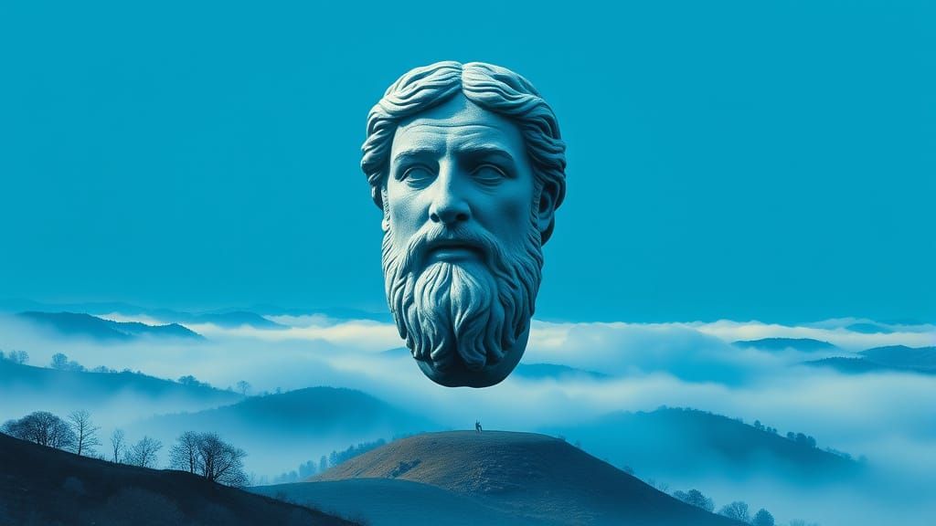 Psychedelic Delft Blue Statue Head Over Hilly Landscape