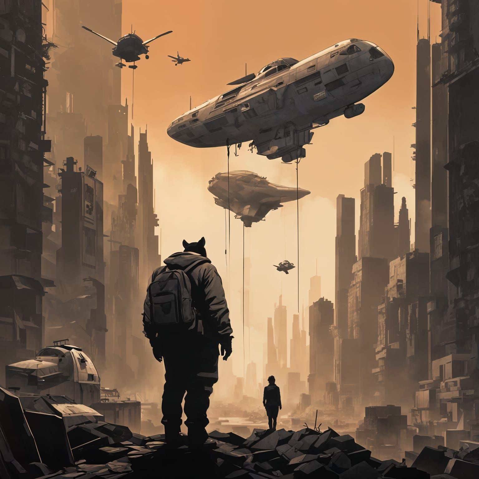 Pig-Man on Hill Overlooking Cyberpunk City