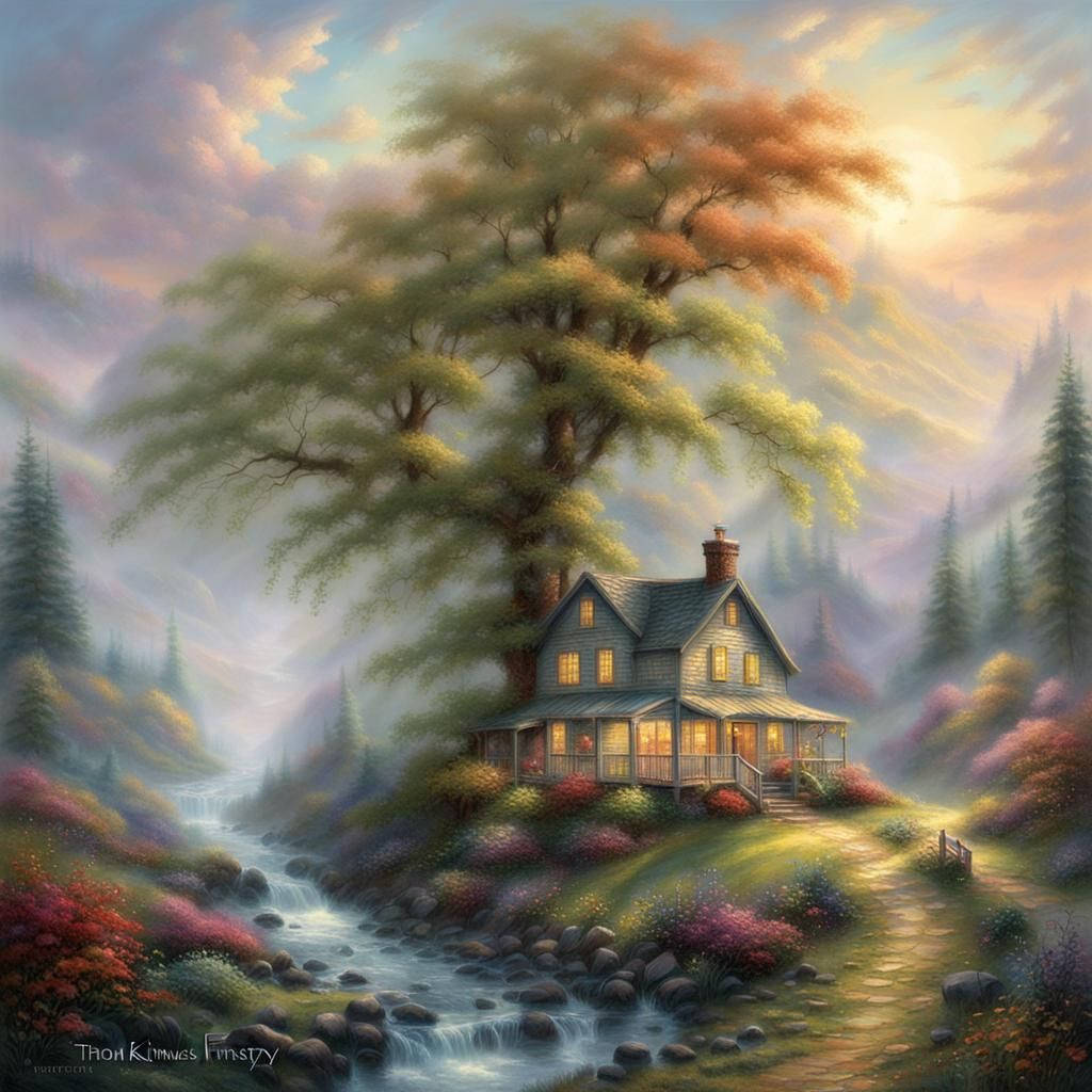 Ethereal Misty Forest Landscape in Thomas Kinkade Style