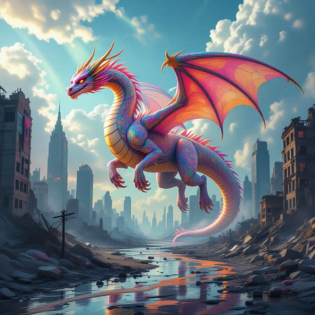Iridescent Candy Floss Dragon Soars Over Post-Apocalyptic Ci...