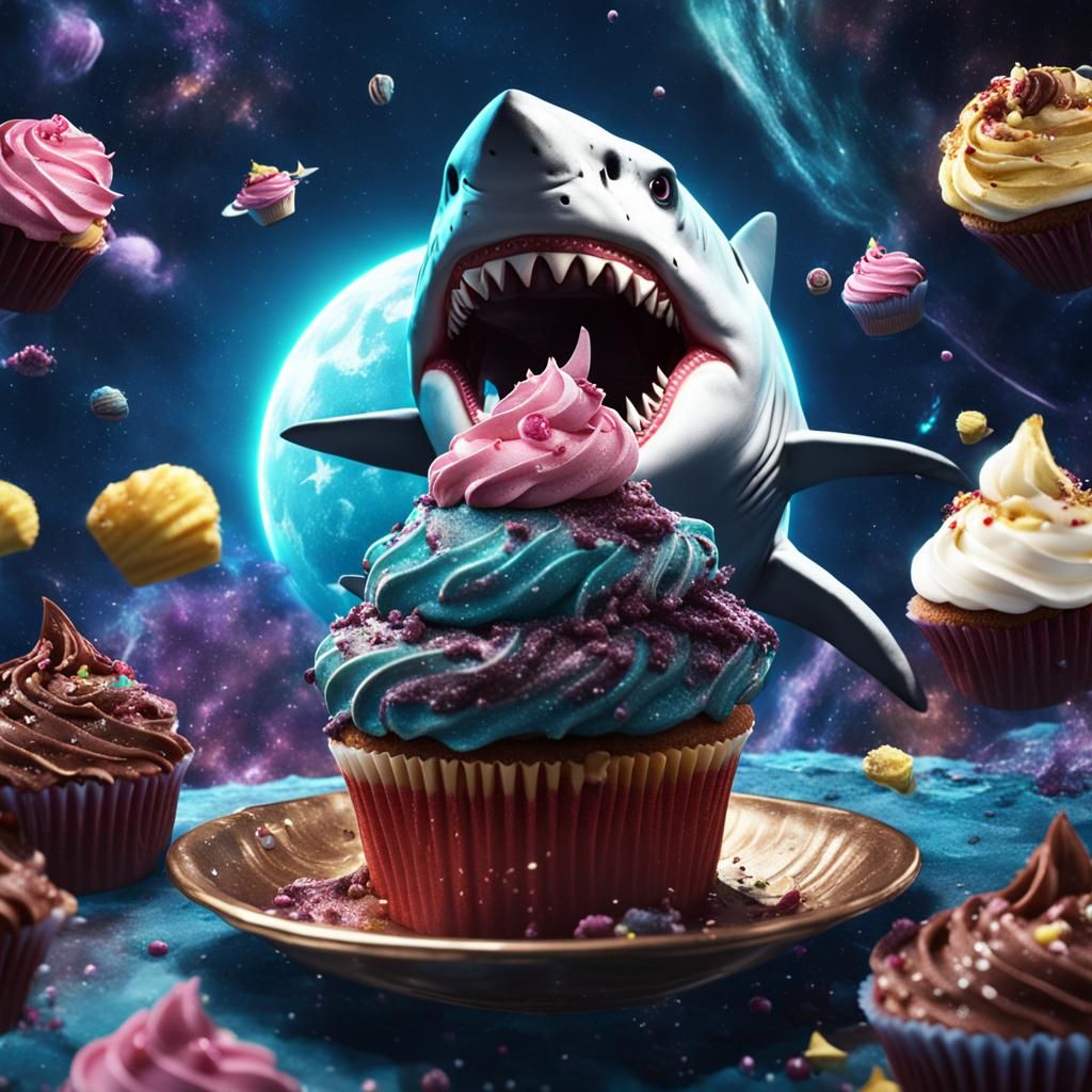 Shark Eats Cupcake in Space: Detailed Fantasy Art