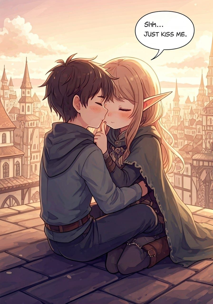 Fantasy Elf and Man Embrace in Pastel Anime Art