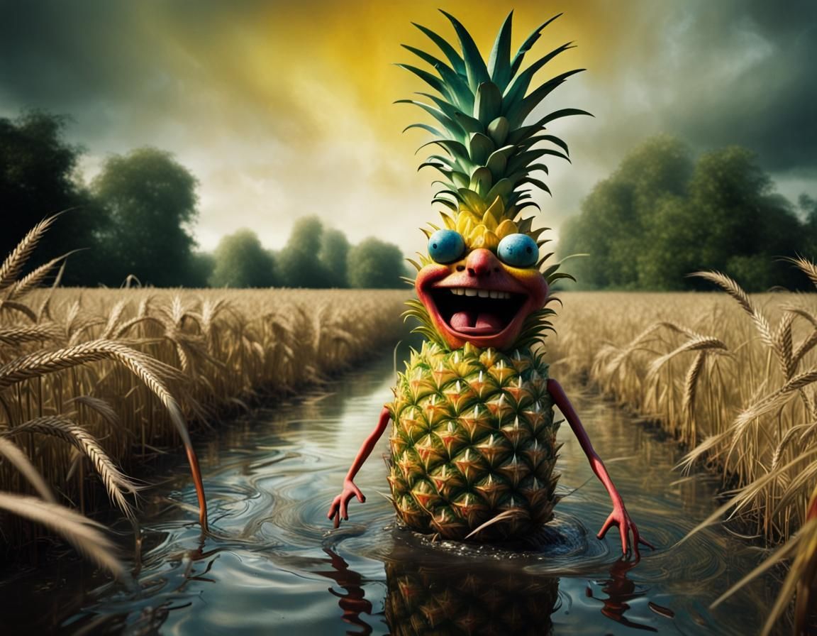 Happy Hippy Psychedelic Pineapple in the River of Barley Beer
