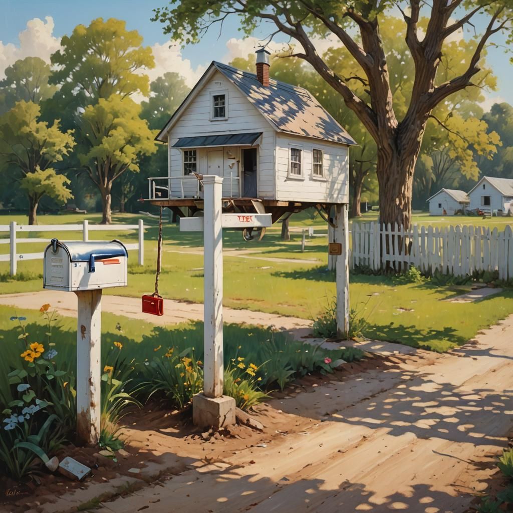 old mailbox on a dirt road, a white 1940 farm house, swing-set in the yard. eerie, Hyperrealistic, splash art, concept a...