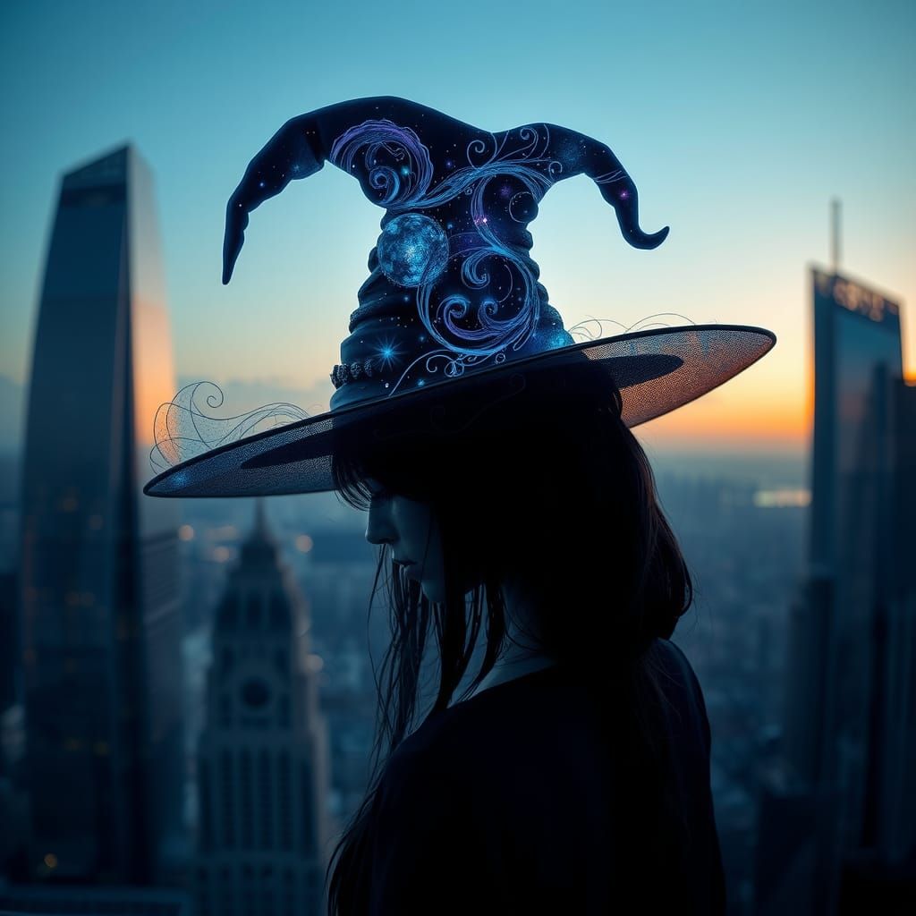 Mystical Woman in Ornate Hat, Metropolis Backdrop
