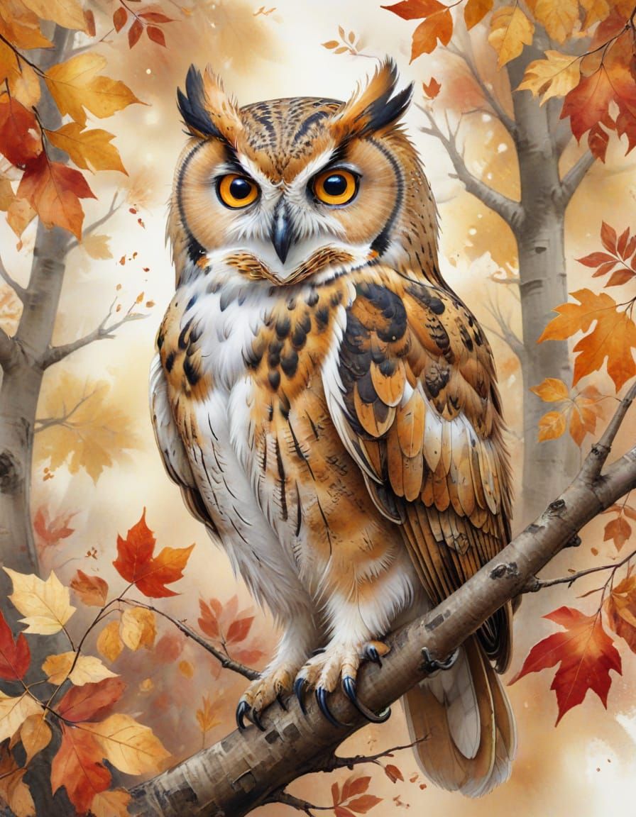 Detailed Owl Perched on Autumn Branch Watercolor Illustratio...