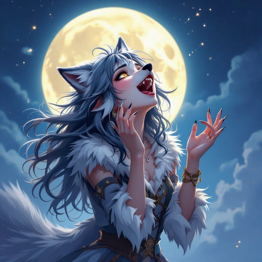 Werewolf Girl Howling at Full Moon, Vibrant Textures