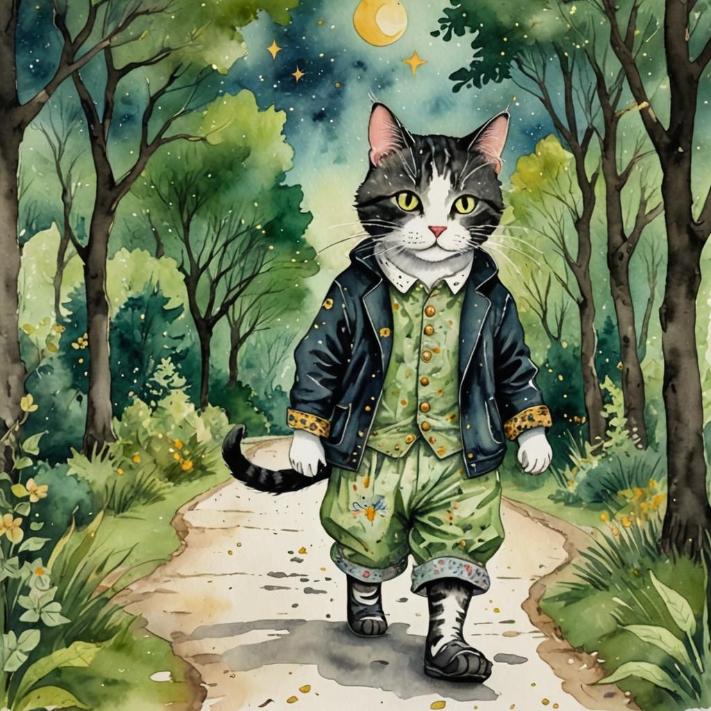 Anthropomorphic Cat Walks in Starry Park: Watercolor