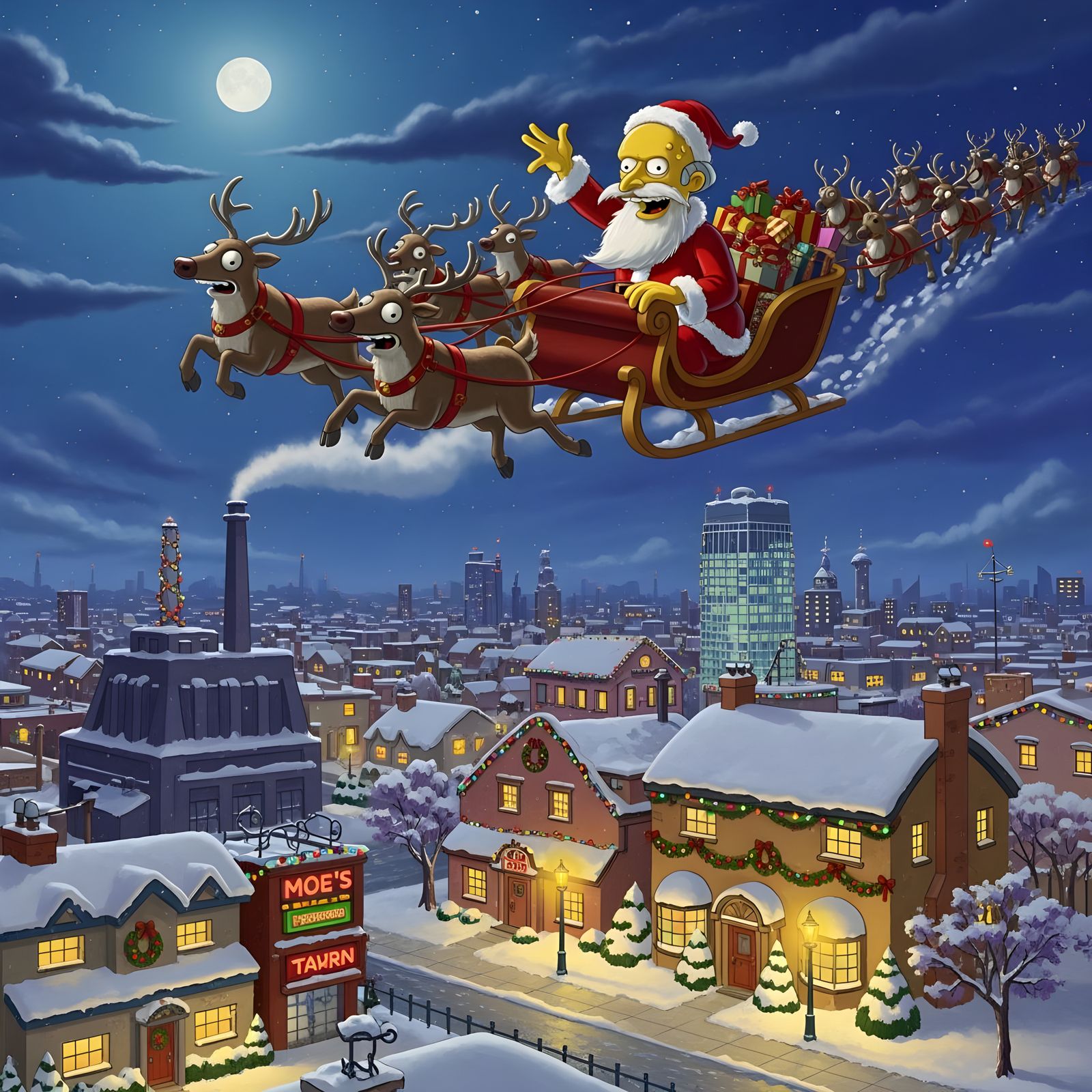 Mr. Burns as Santa Claus Flying His Sleigh Over Springfield