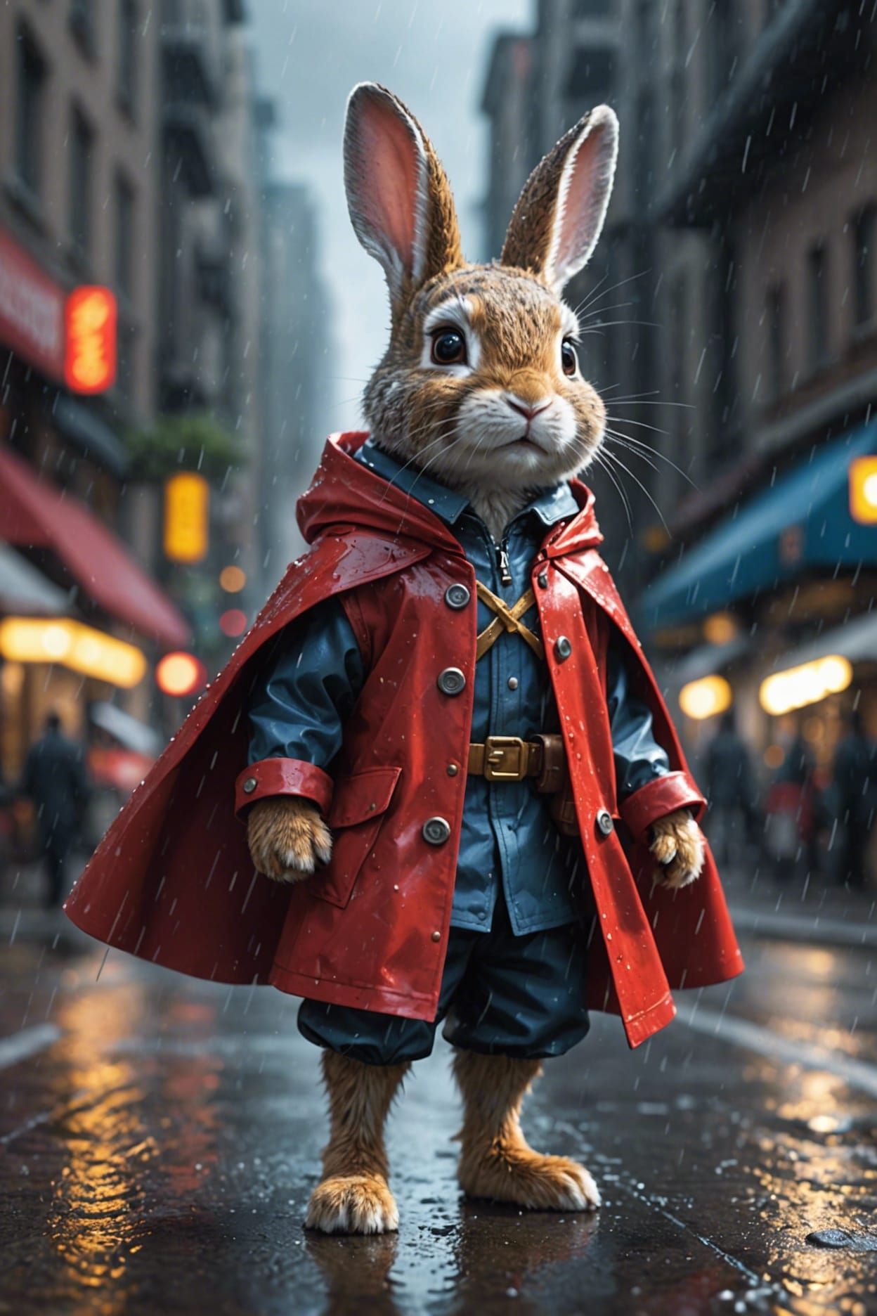 Cute Rabbit Superhero in Rainy Cityscape