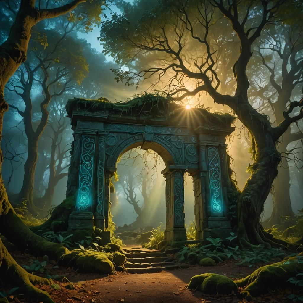 Glowing Portal in Mystical Forest: Surrealist Landscape