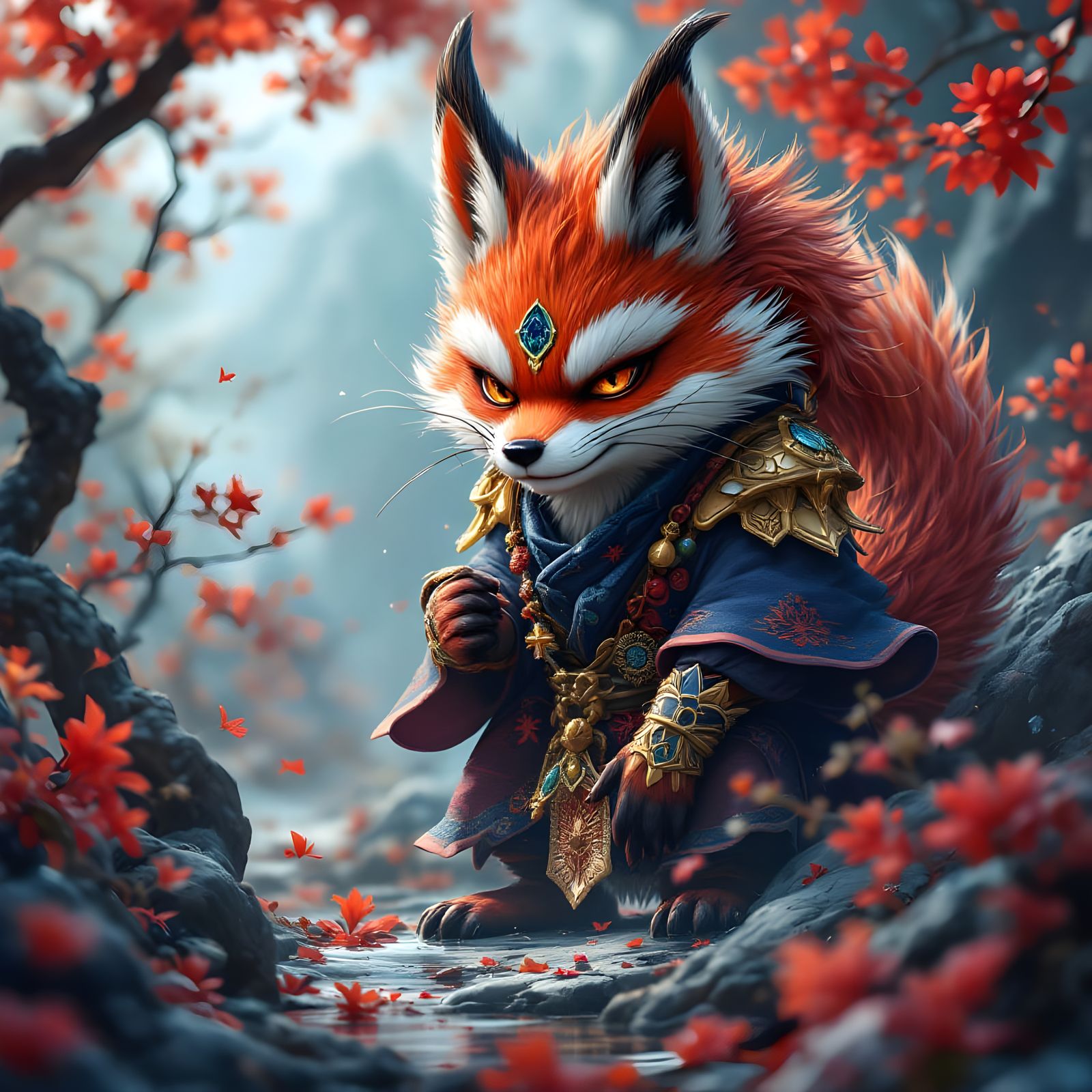 Cartoon Japanese Fox Yokai in Detailed Matte Painting