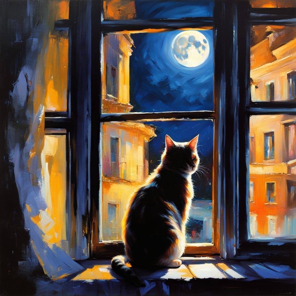 Neon Cat Gazing at Moon, Neo-Expressionist Art
