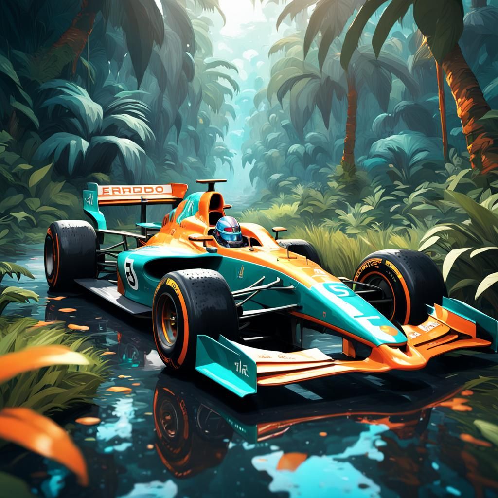 F1 Car in Jungle, Hyperdetailed Concept Art