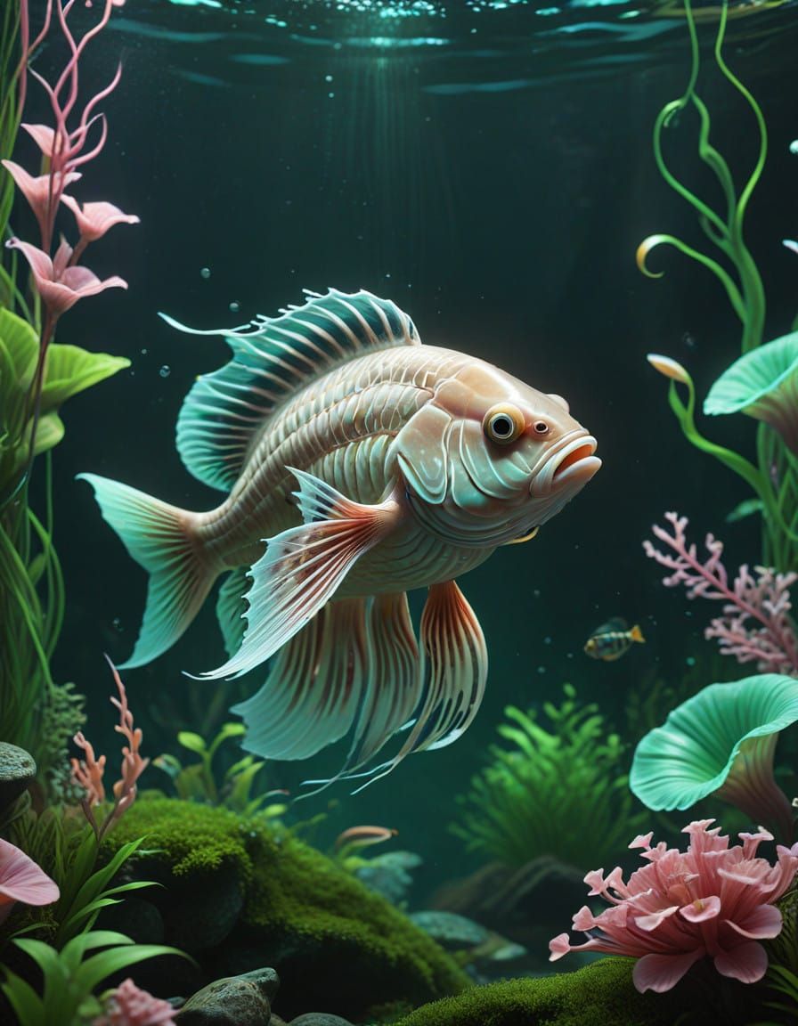 Vibrant Beige Fantasy Aquatic Scene with Squid, Snail, and F...