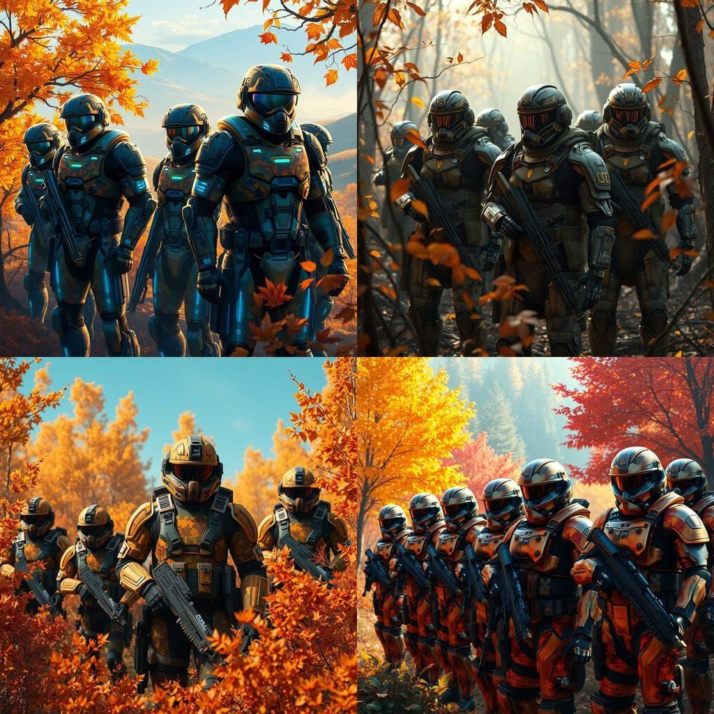 Sci-Fi Autumn Camouflage Armor Squad in Autumn Landscape