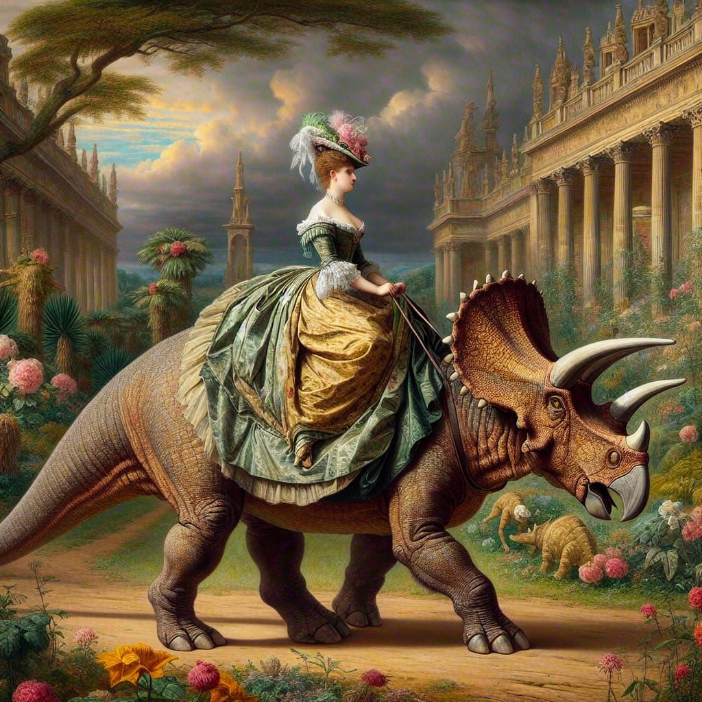 Victorian Monarch Rides Triceratops in Botanical Garden